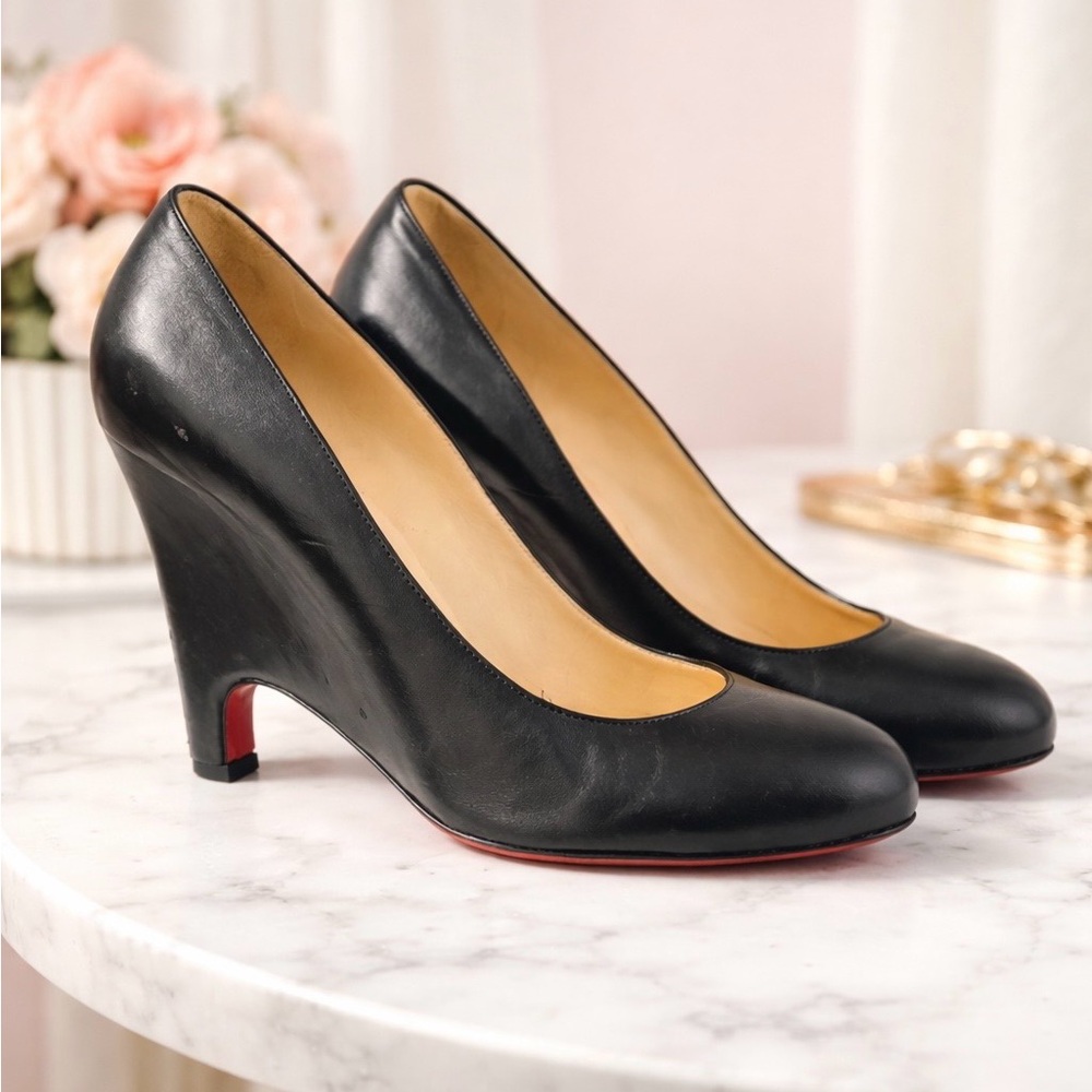 Christian Louboutin Black Leather Wedge Pumps with Red Soles